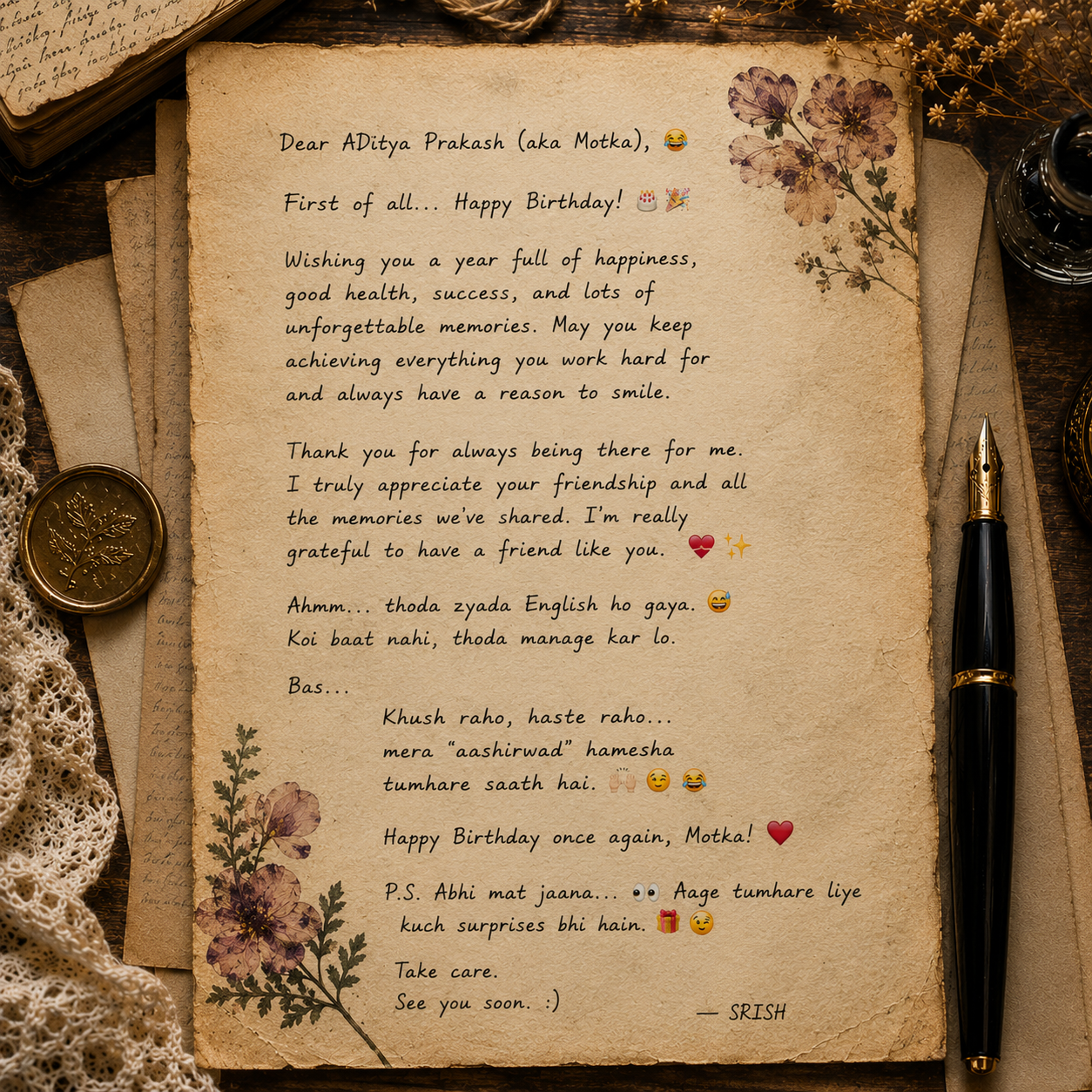 Handwritten birthday letter